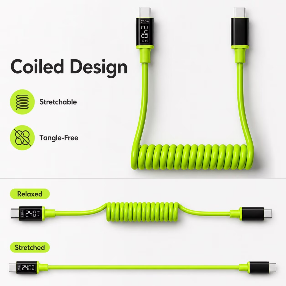 240W USB C/USB-A to C Coiled C - Coiled Usb Cable recension och pris